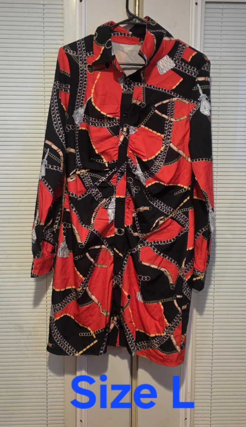Red and black chain print shirt dress - photo 3