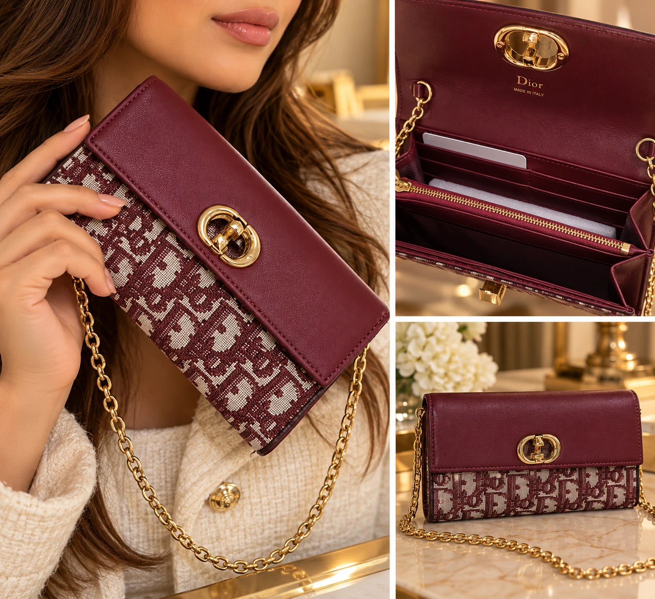 Dior Burgundy Oblique Embroidered Wallet on Chain