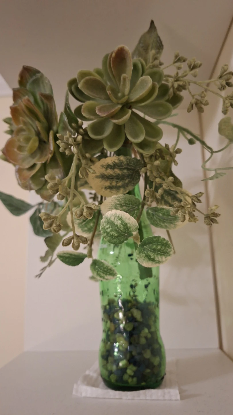 Artificial succulent arrangement in glass bottle - photo 3