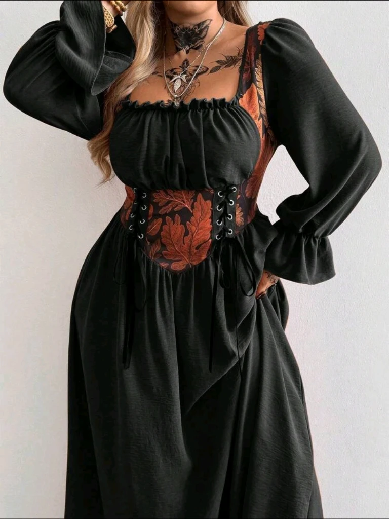 Black Lace-Up Leaf Pattern Long Dress