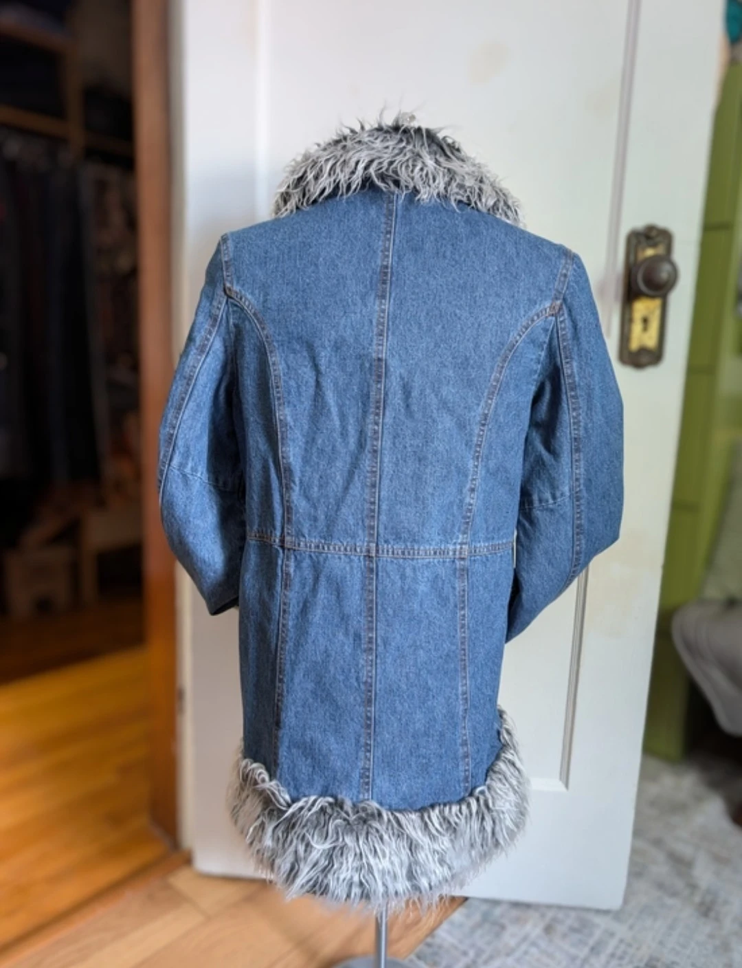 Blue Denim Coat with Grey Faux Fur Trim - photo 4