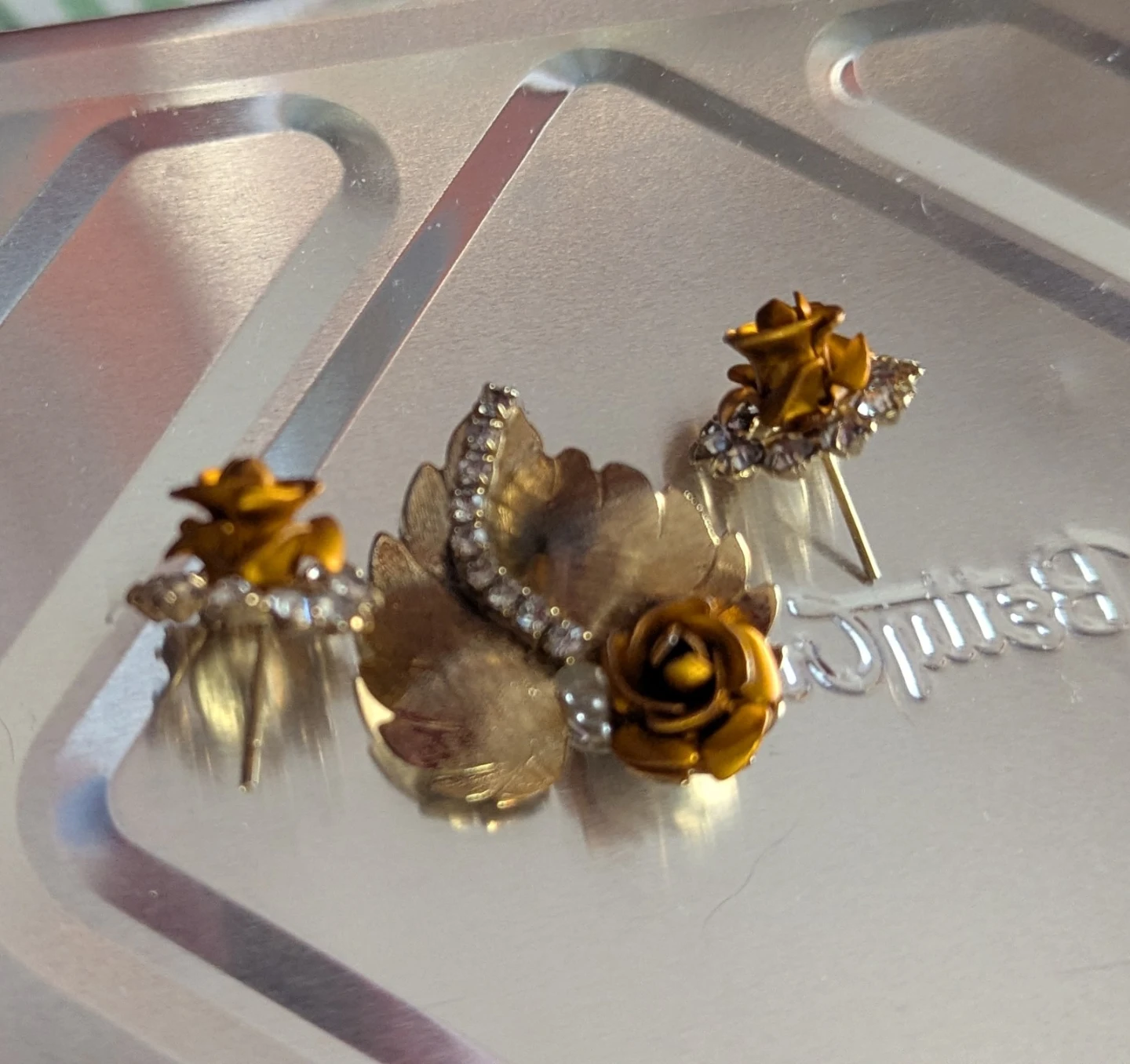 Vintage Gold Tone Rose Pendant and Earring Set - photo 3