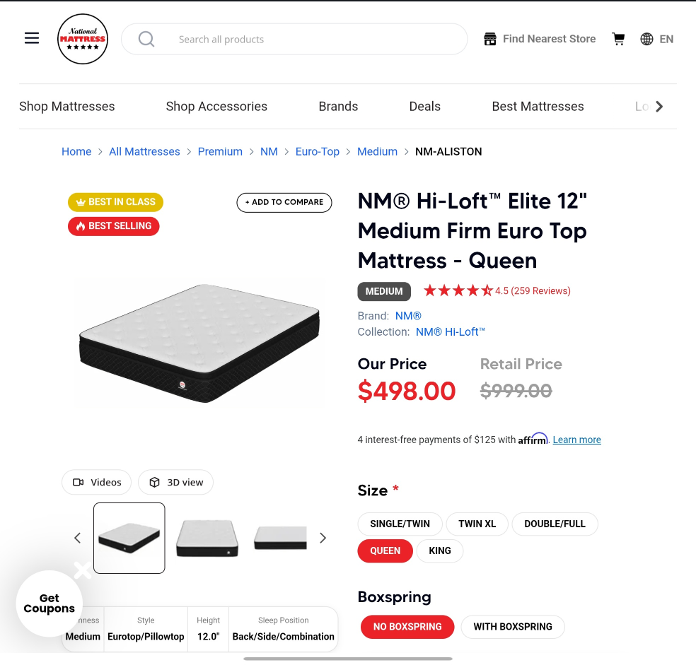 Queen Euro-Top Mattress – NM Hi-Loft Elite 12" (Optional Frame)
