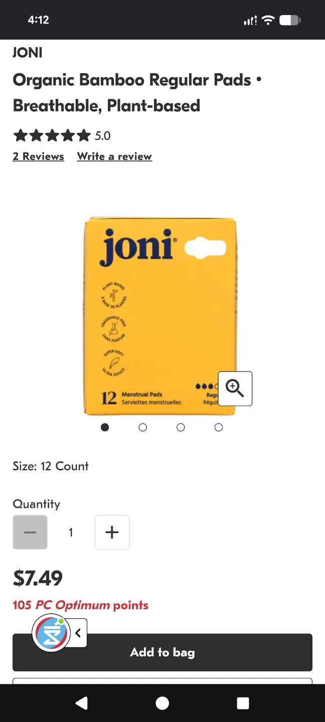 Joni Organic Bamboo Regular Menstrual Pads  $2 ea or 3 for $5