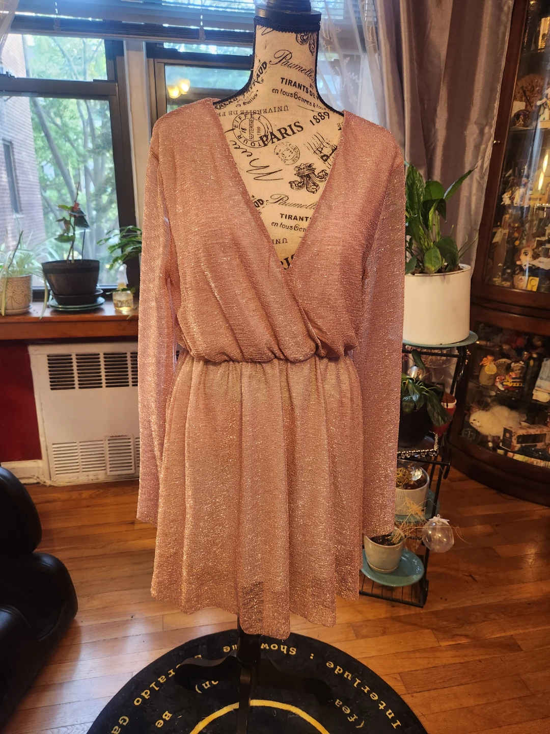 Cute Plus size  Rose Gold Metallic Long Sleeve Mini Dress