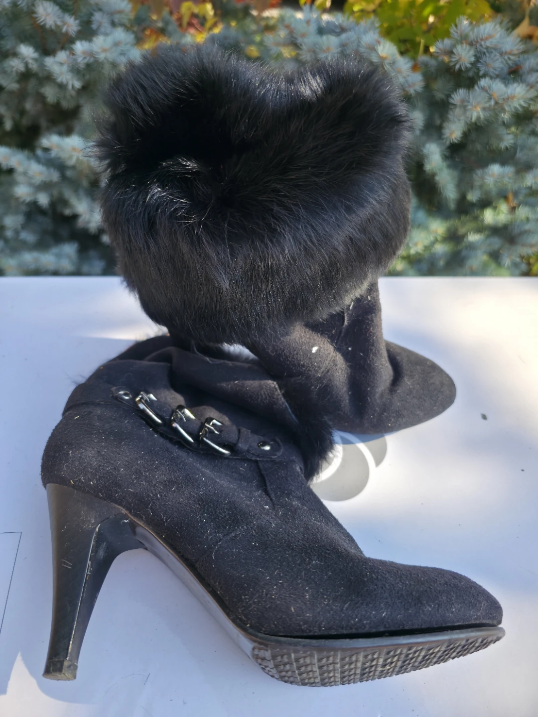 Black Heeled Boots with Faux Fur Trim