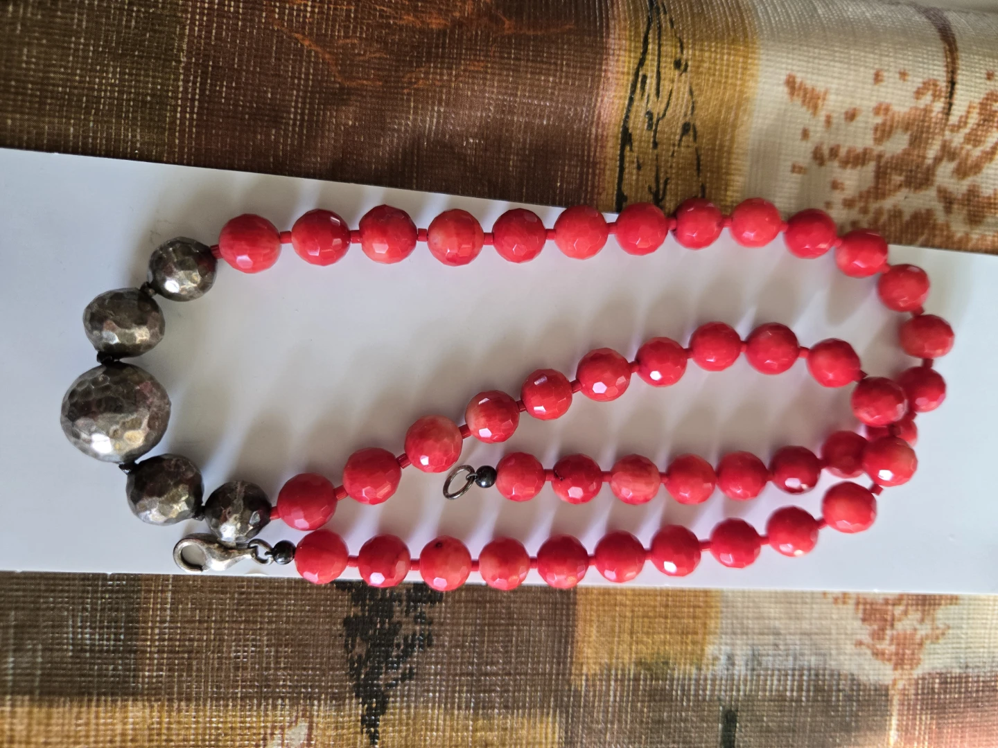Faceted Coral and Hammered Sterling Silver Necklace 22"