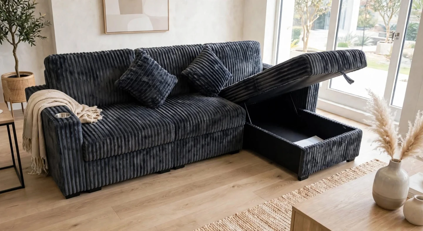 Brand new Dark Grey Corduroy Sectional Sofa Bed with Cup Holders - photo 4