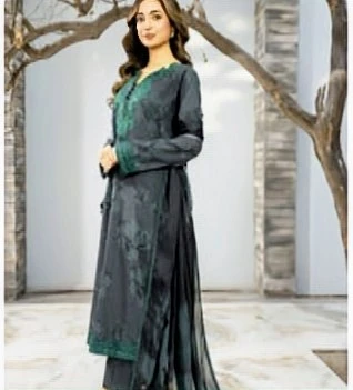 NEW Dark Grey Embroidered Floral Kurti with pants and dupatta