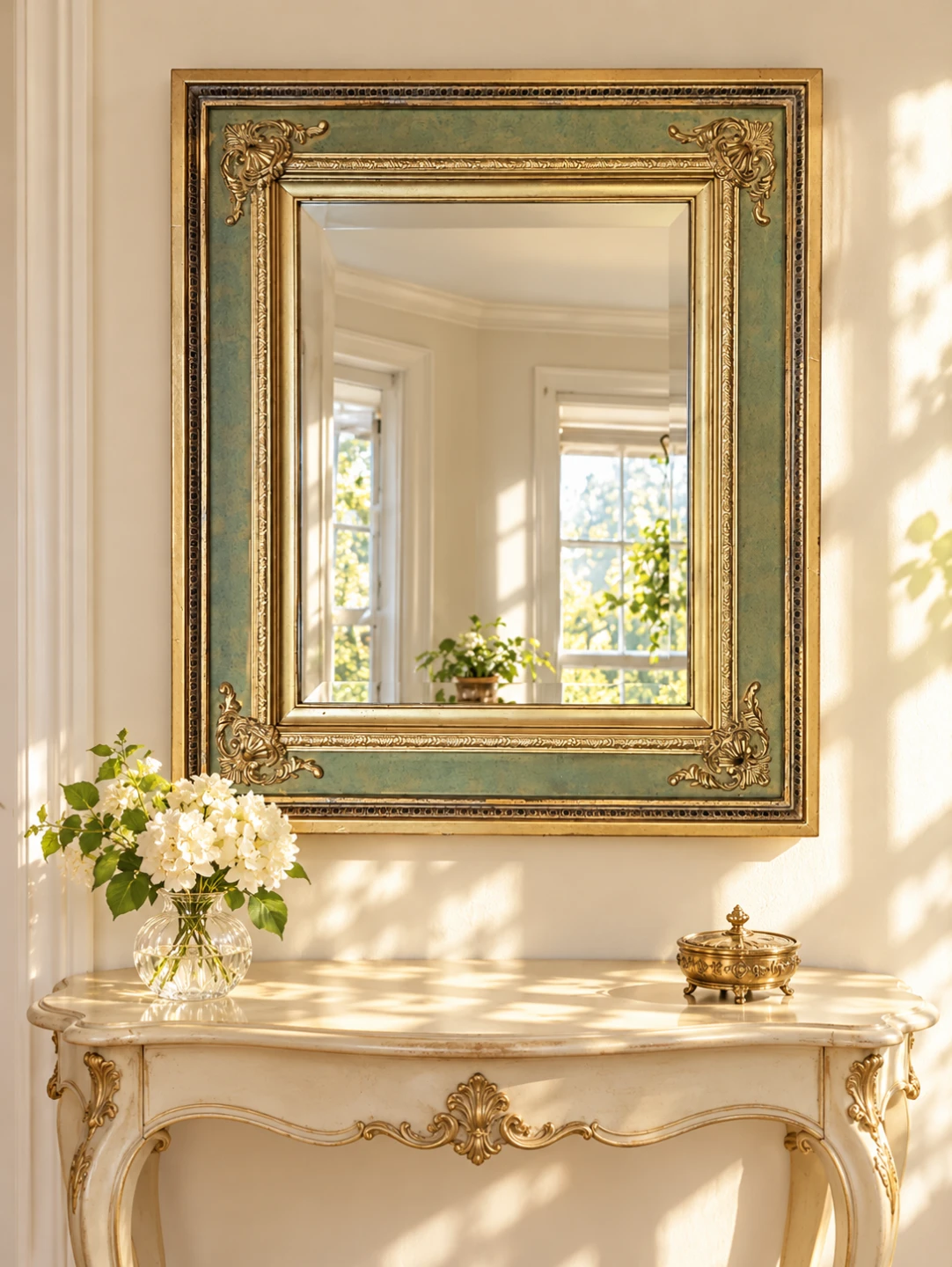 Vintage 30s Ornate Gold and Sage Green Wall Mirror