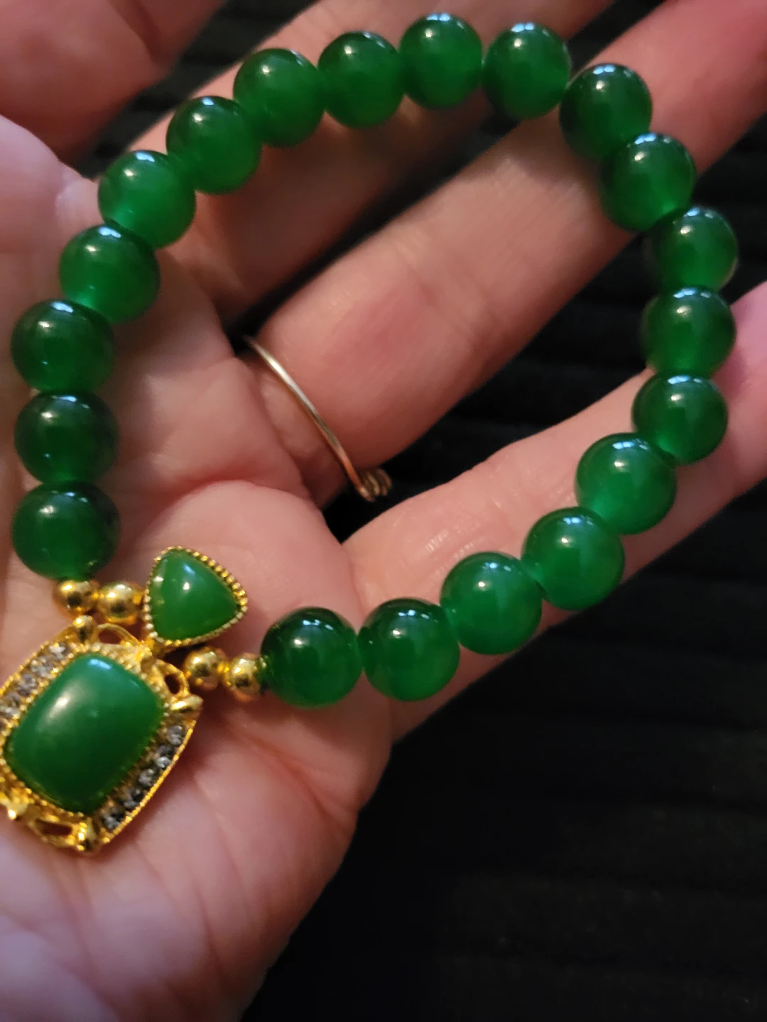 Green Beaded Bracelet with Gold-Tone Charm