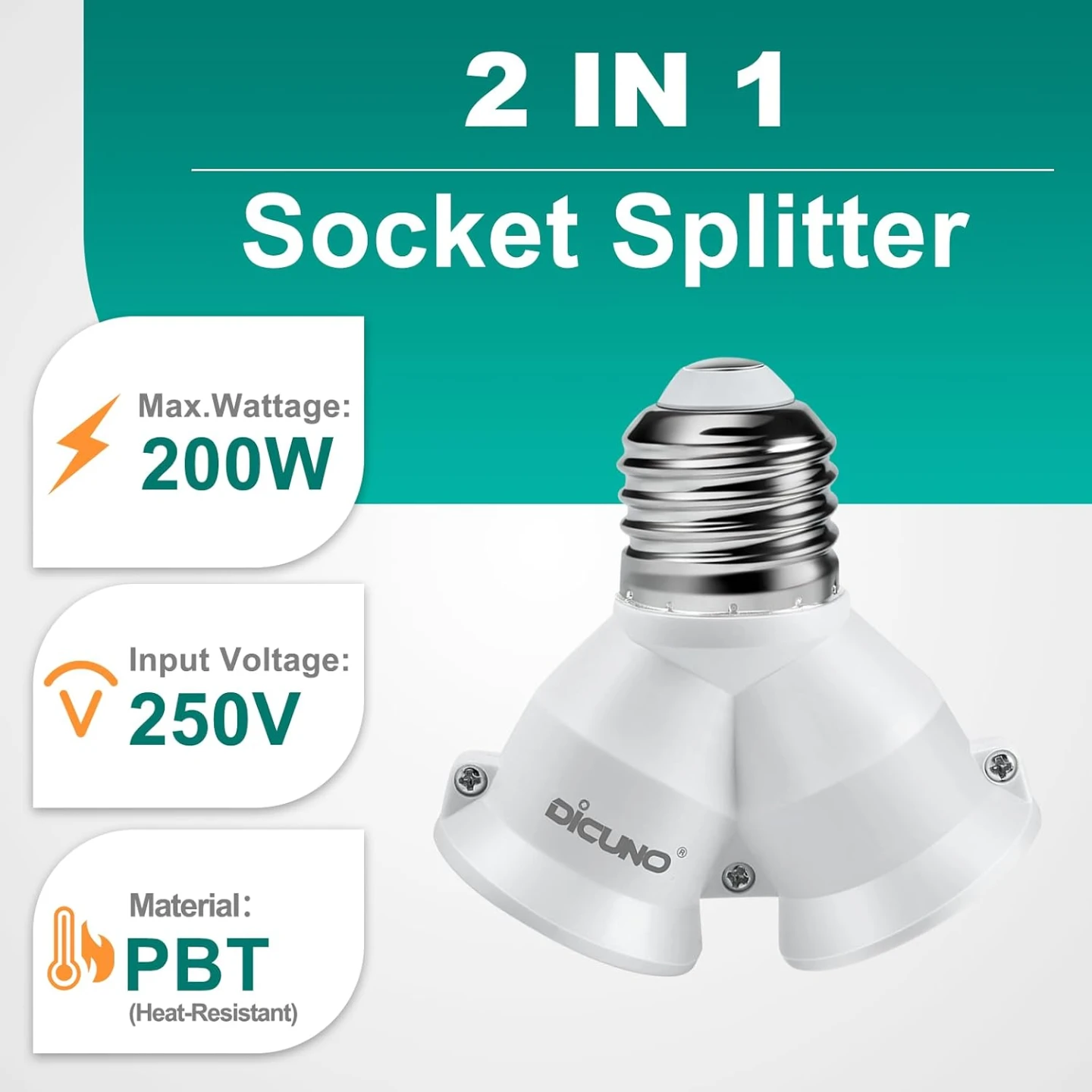 DiCUNO 2 in 1 E26 Socket Splitter Adapter, Light Socket Splitter - photo 2
