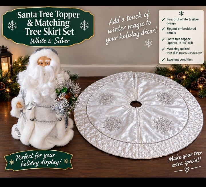 White and Silver Santa Tree Topper and Tree Skirt Set