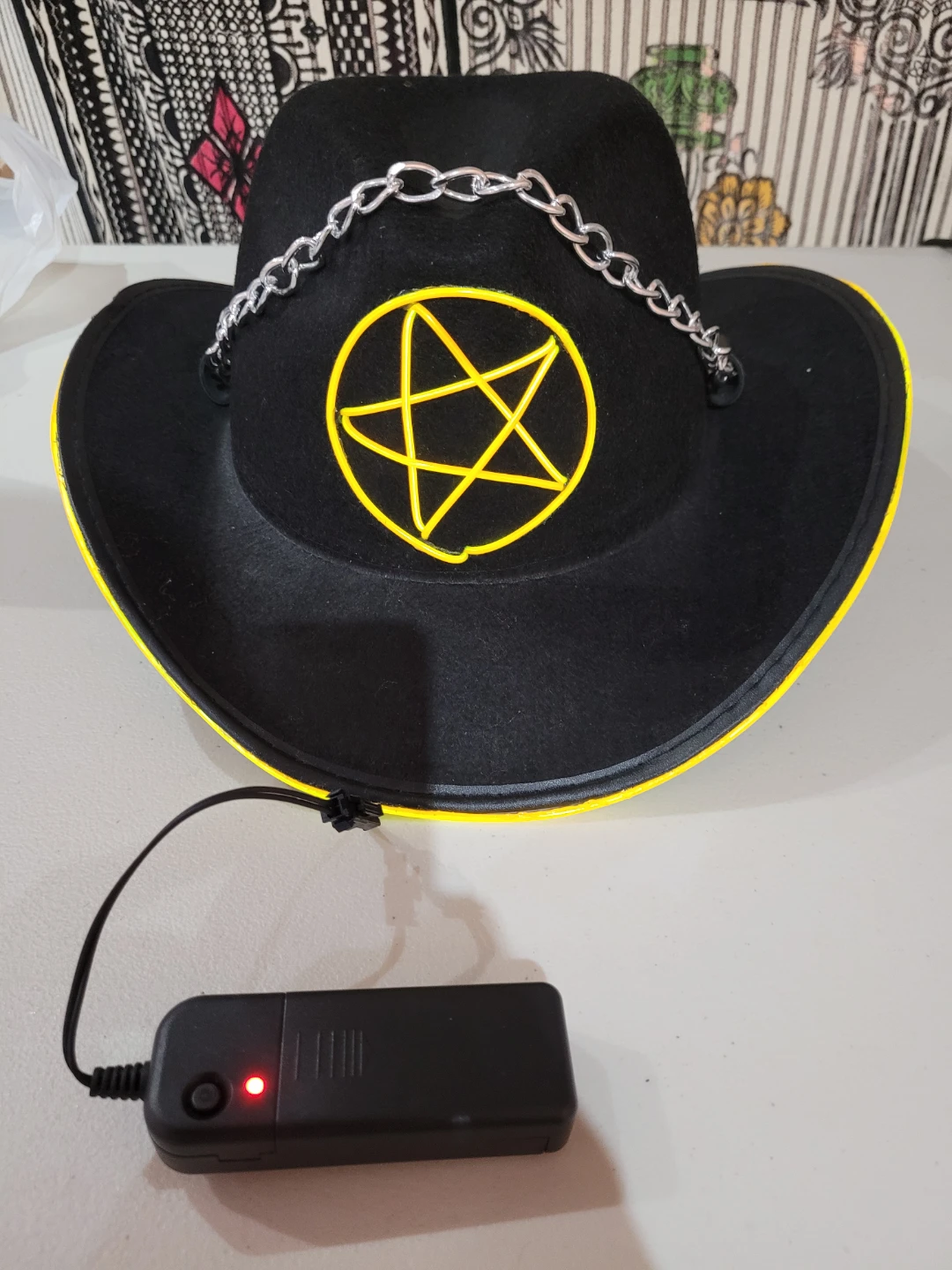 Halloween Light-up Black Cowboy Hat with Pentagram Design - photo 3