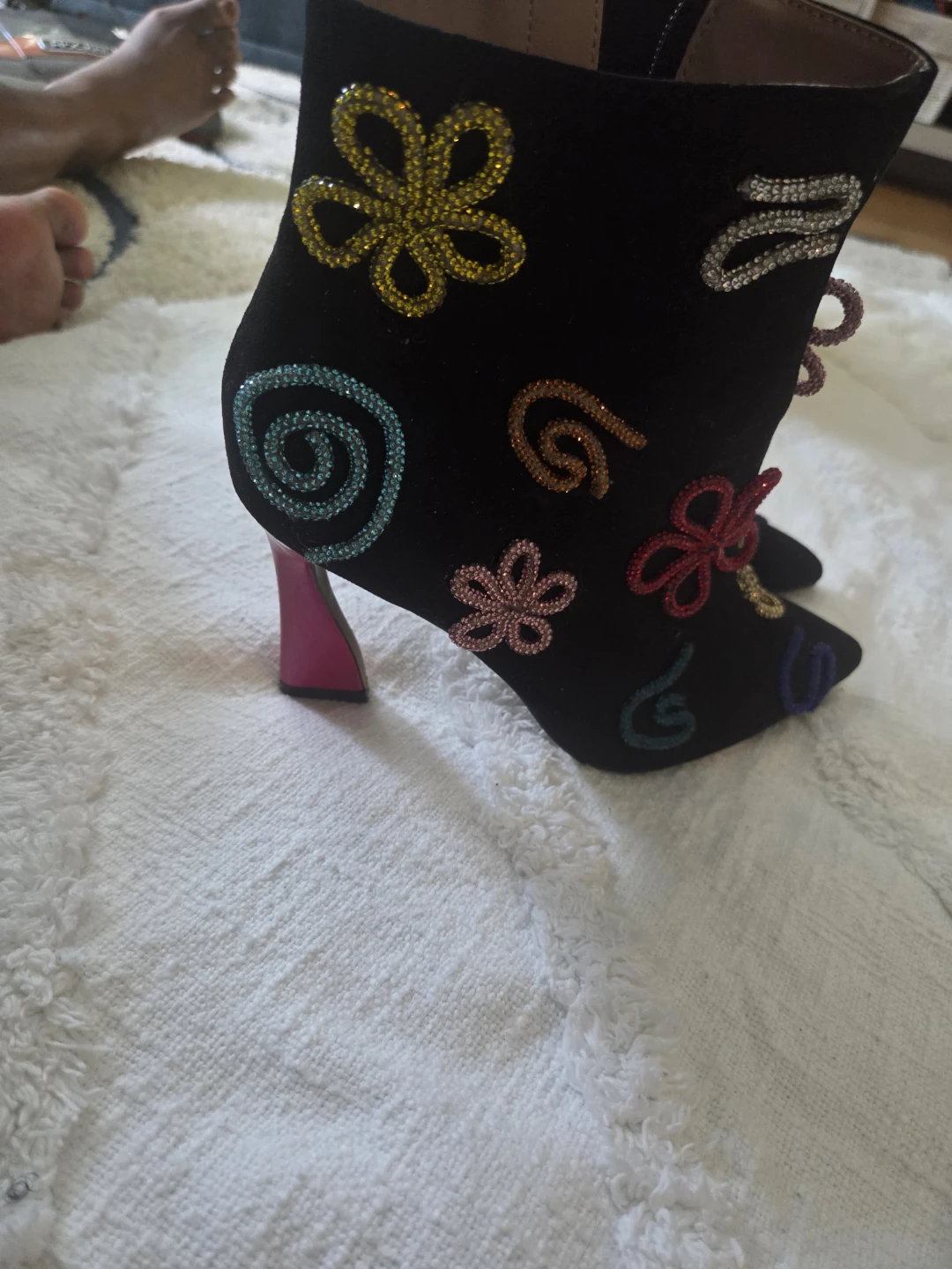 Black Heeled Ankle Boots with Rhinestone Accents - photo 4