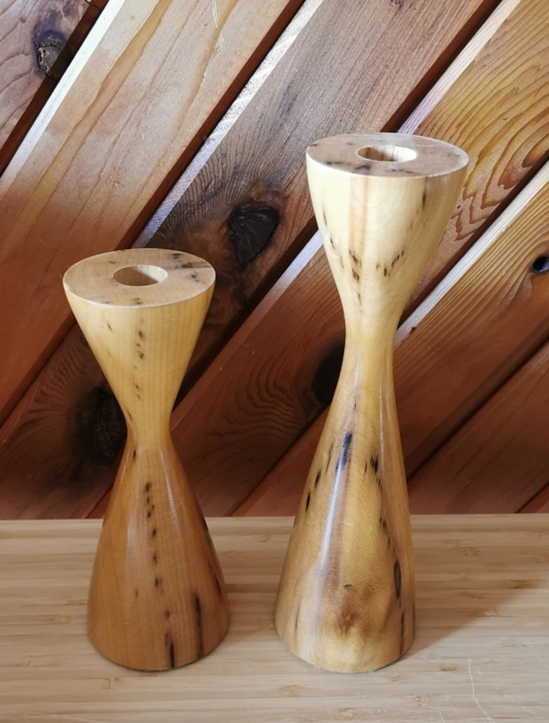 Vintage MCM Turned Wood Candle Holders Set Scandinavian Style