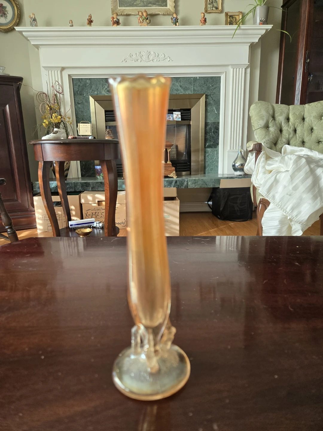 Vintage  "Twigs" pattern marigold carnival glass swung bud vase