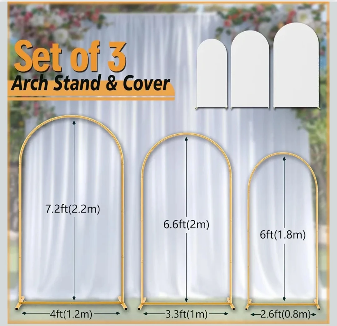 Set of 3 Gold Arch Backdrop Stands with Covers - photo 2