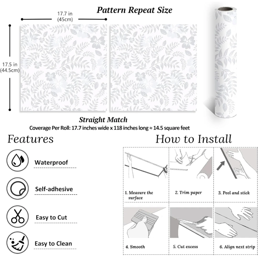 Grey Floral Peel & Stick Wallpaper 17.7''x118'' - photo 4