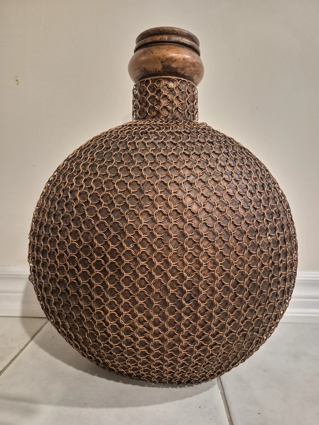 Antique Copper Vase Chain Link Wrapped with Lid