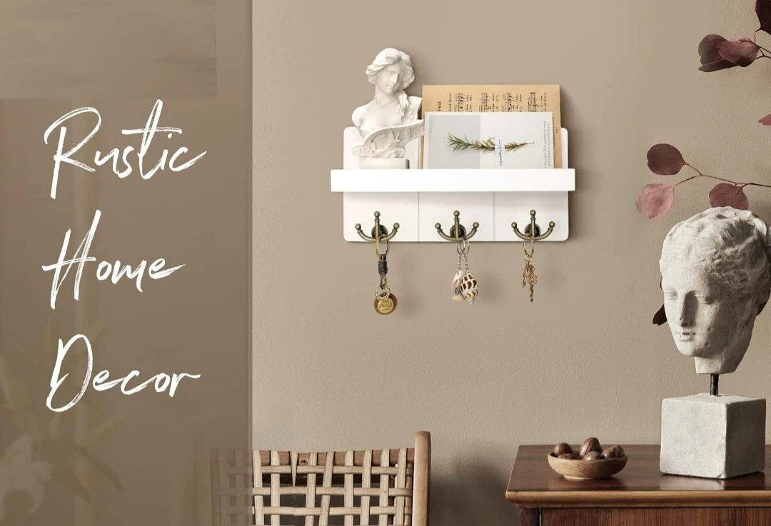 White Wall-Mounted Wood Shelf with Three Hooks - photo 2