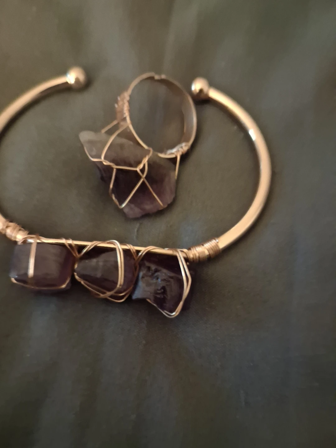 Wire-wrapped amethyst bracelet and ring set