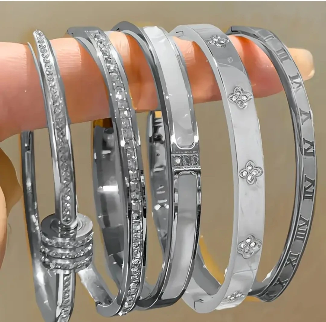 Set of Five Silver-Tone Fashion Bangles