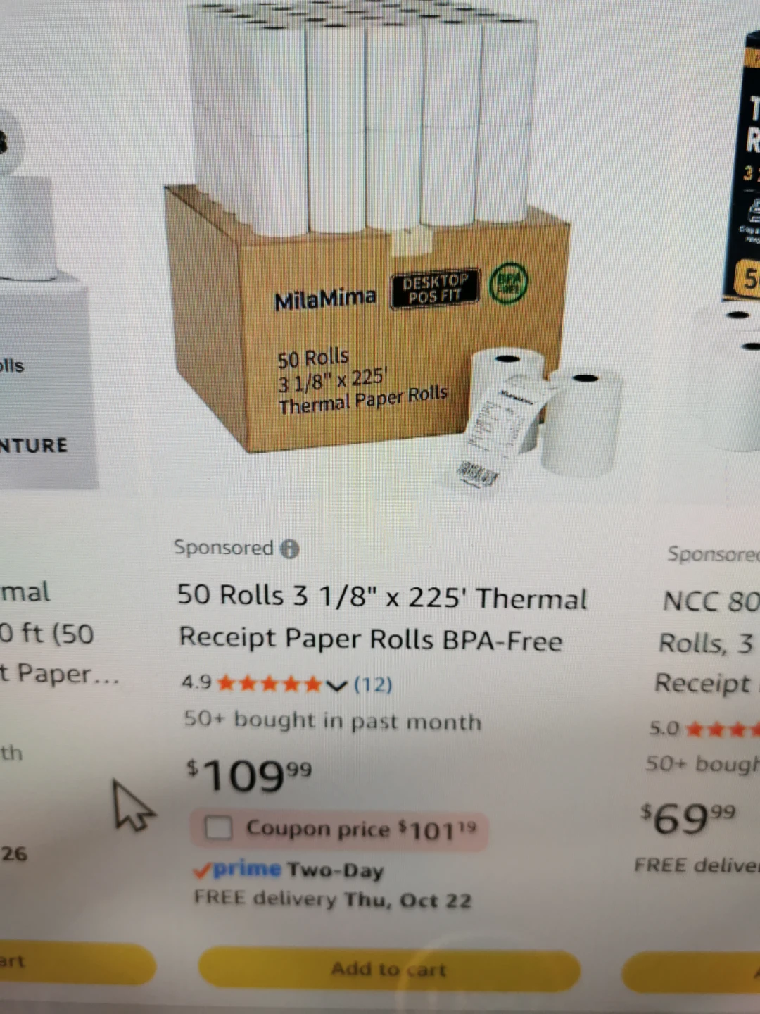 MilaMima 50 Thermal Receipt Paper Rolls 3 1/8 inch x 225 foot