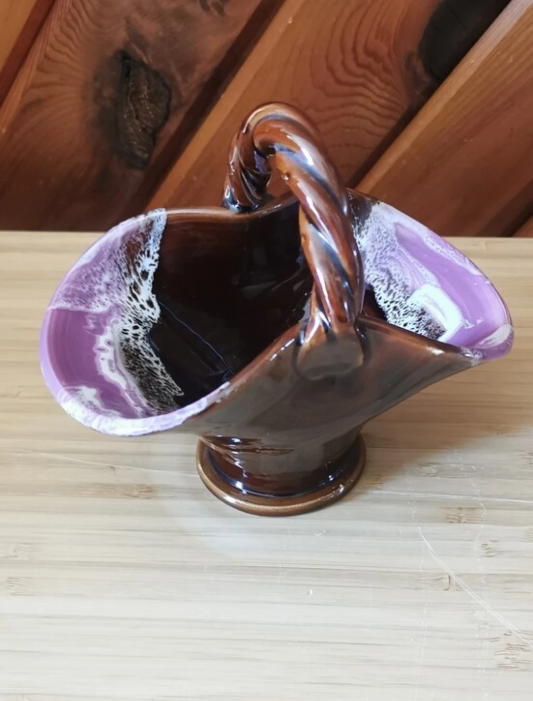 Vallauris French Pottery Basket Dish Twisted Handle Mid Century