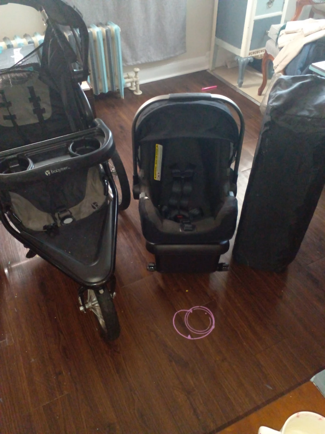 Baby trend 3 wheeler  stoller nuna carseat 2 level play pen