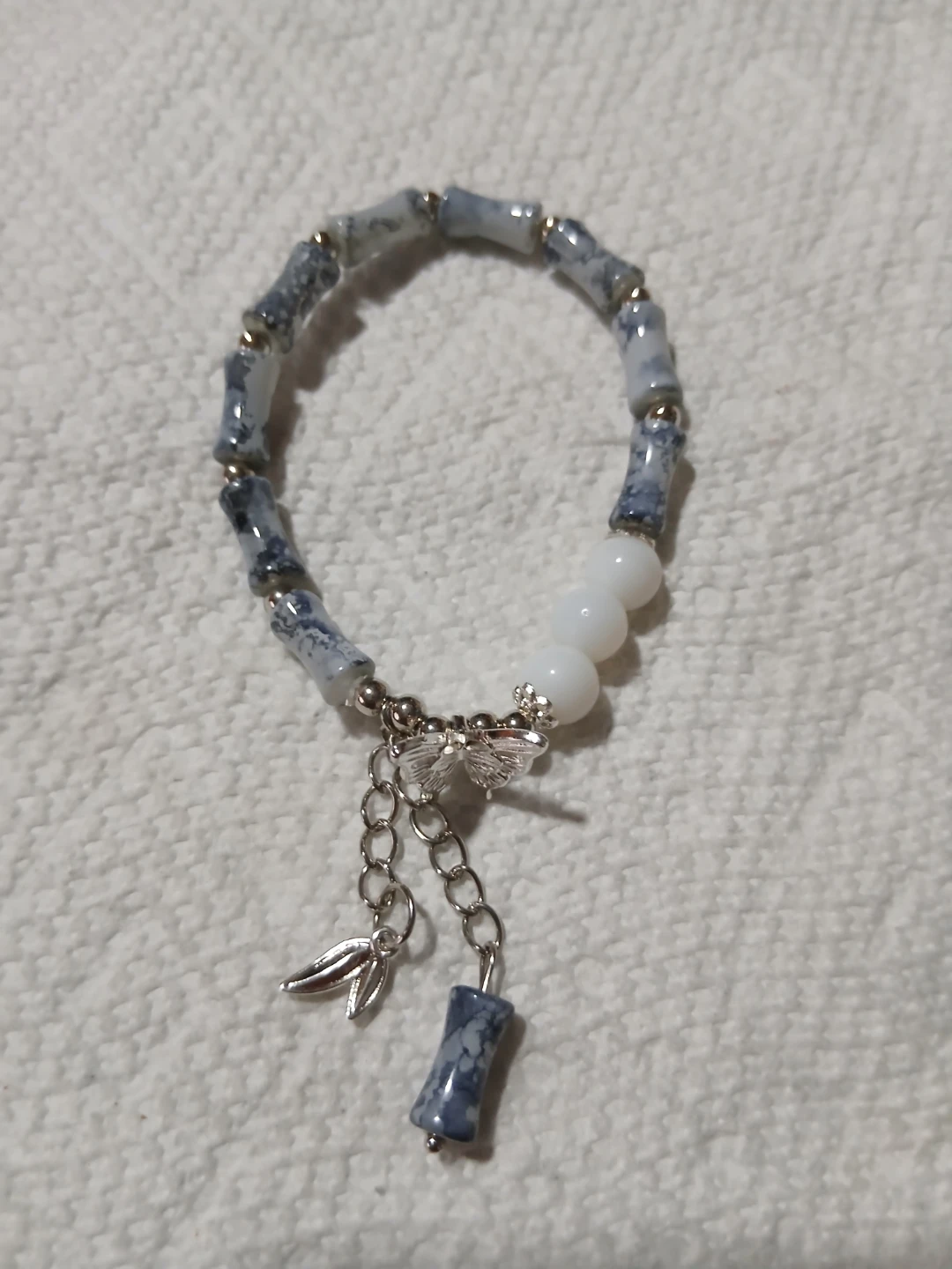 Blue and White Beaded Butterfly Bracelet