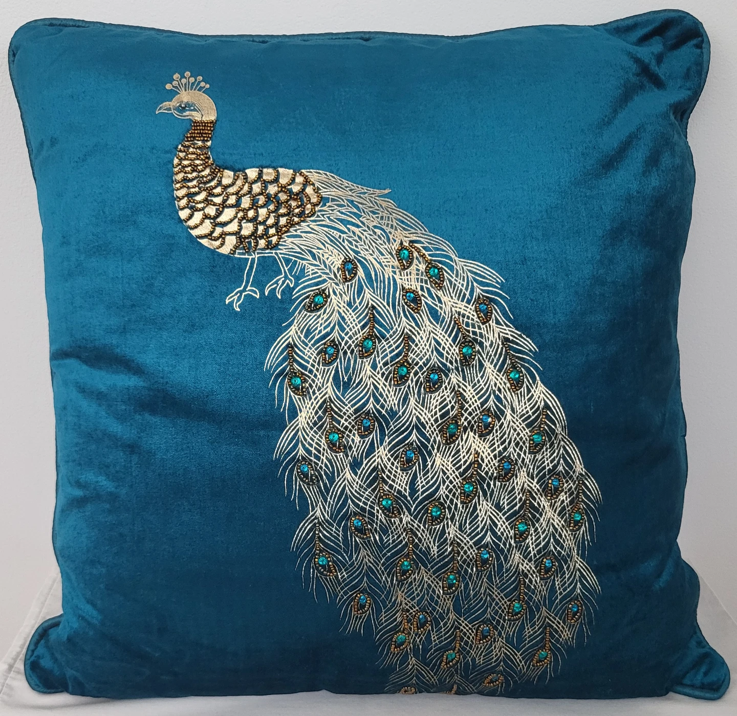 Peacock Accent Pillow with beaded details
