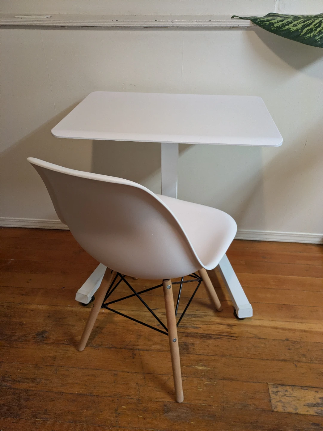 White Adjustable Rolling Desk and Modern Chair