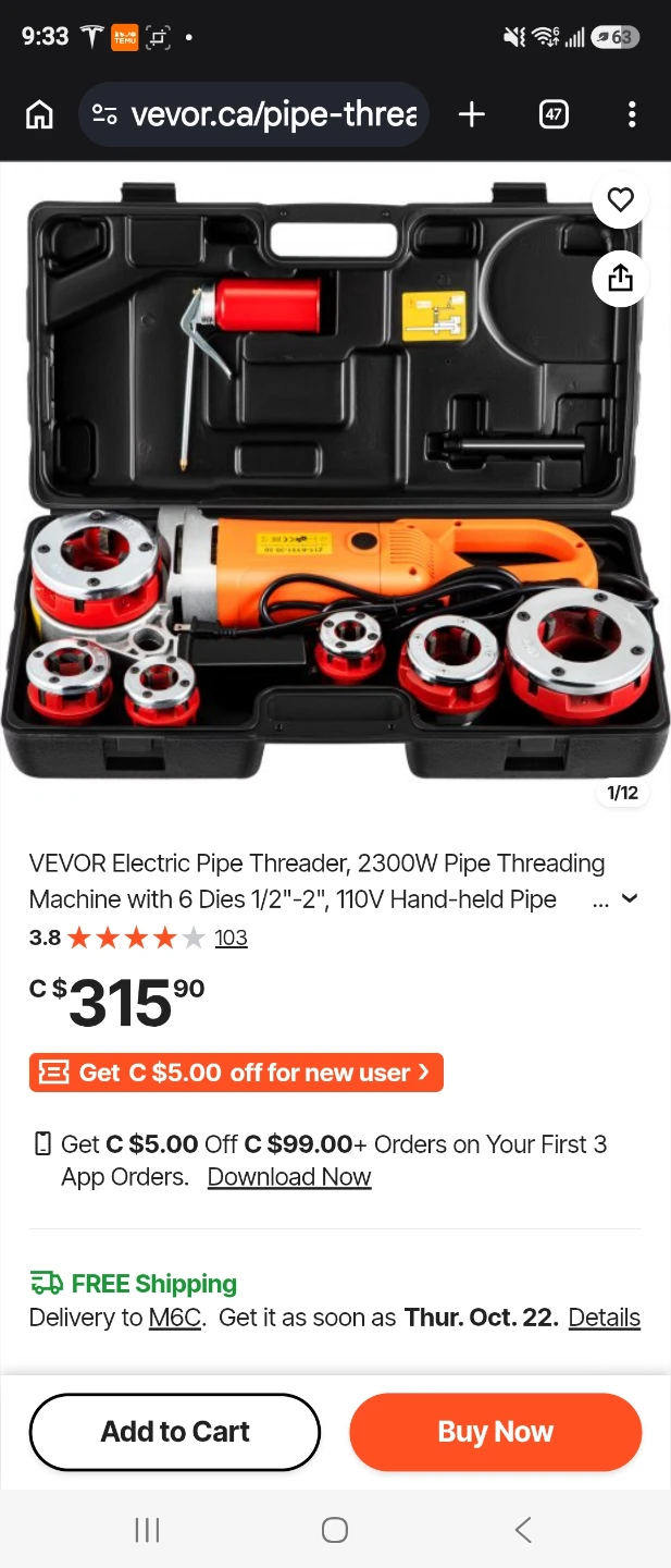 VEVOR Electric Pipe Threader 2300W