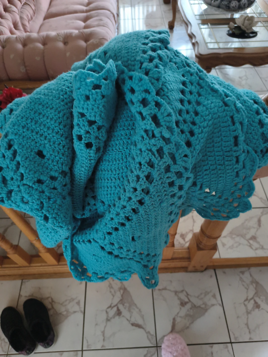 Hand-crocheted teal throw blanket - photo 4