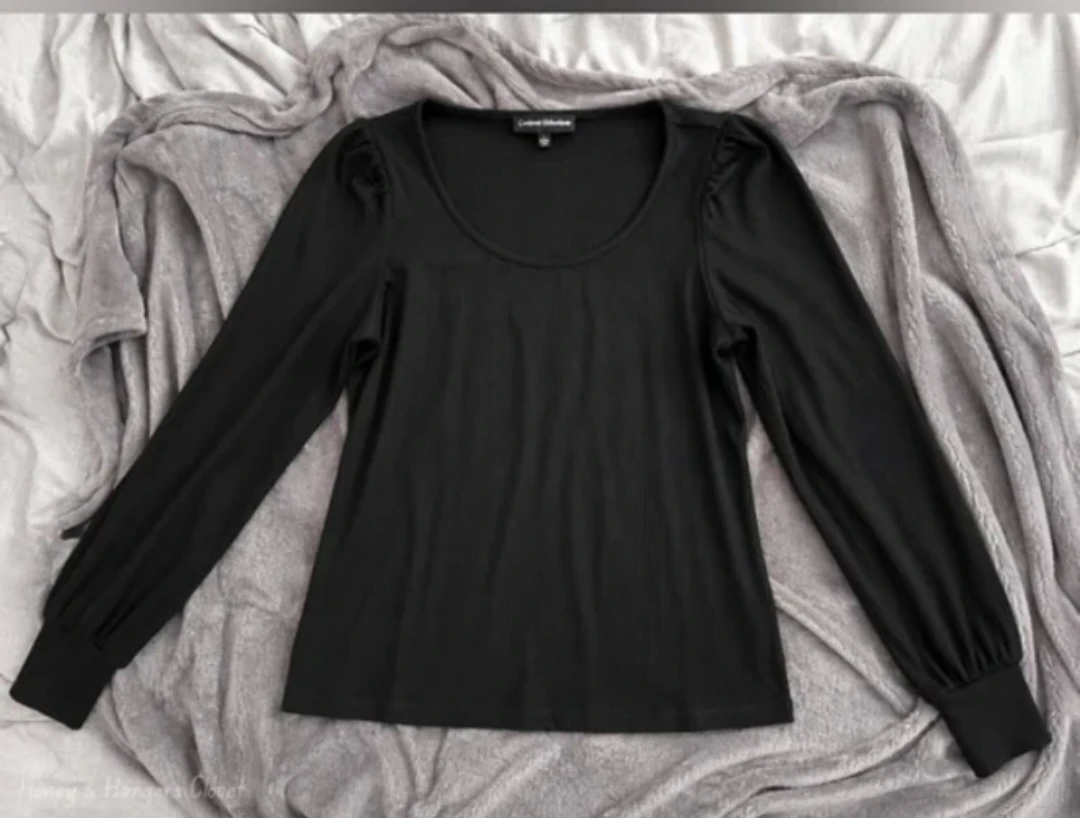 Catherine Malandrino Black Ribbed Puff Sleeve Top | Size L