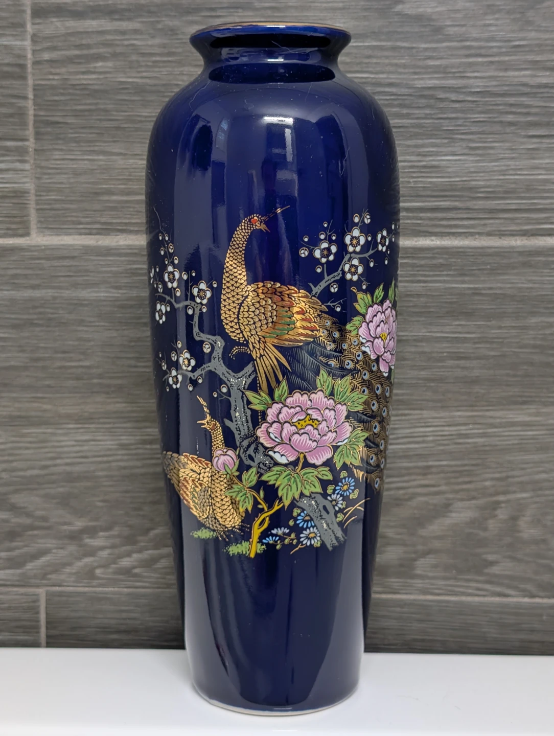 Vintage Japanese Cobalt Blue Peacock Vase