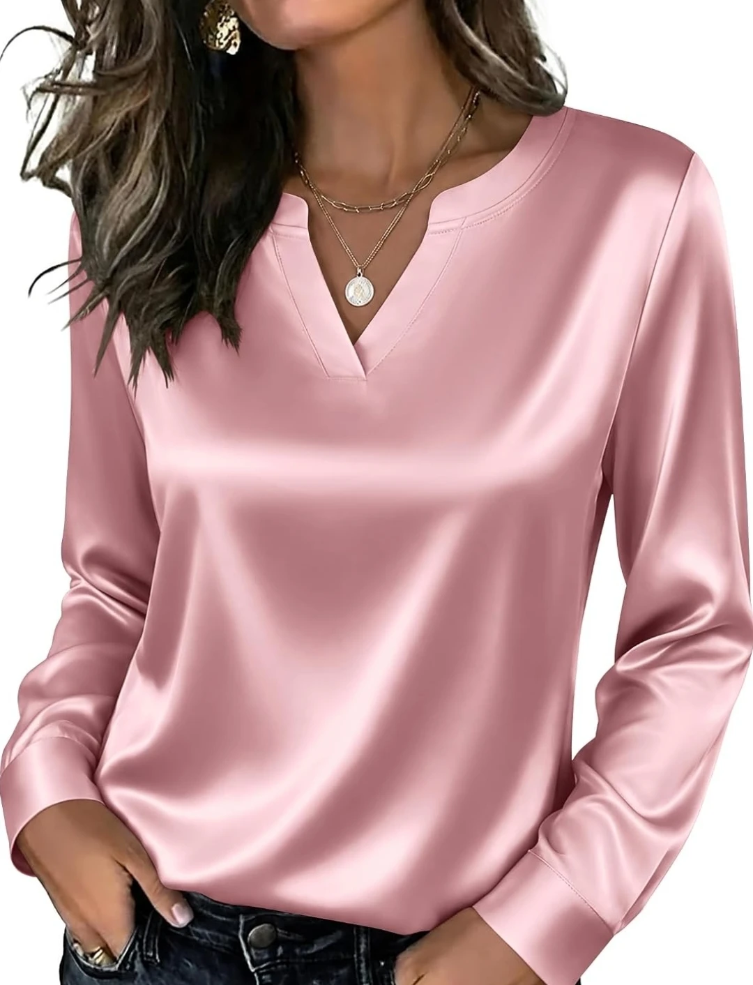 Pink Satin V-Neck Long Sleeve Blouse