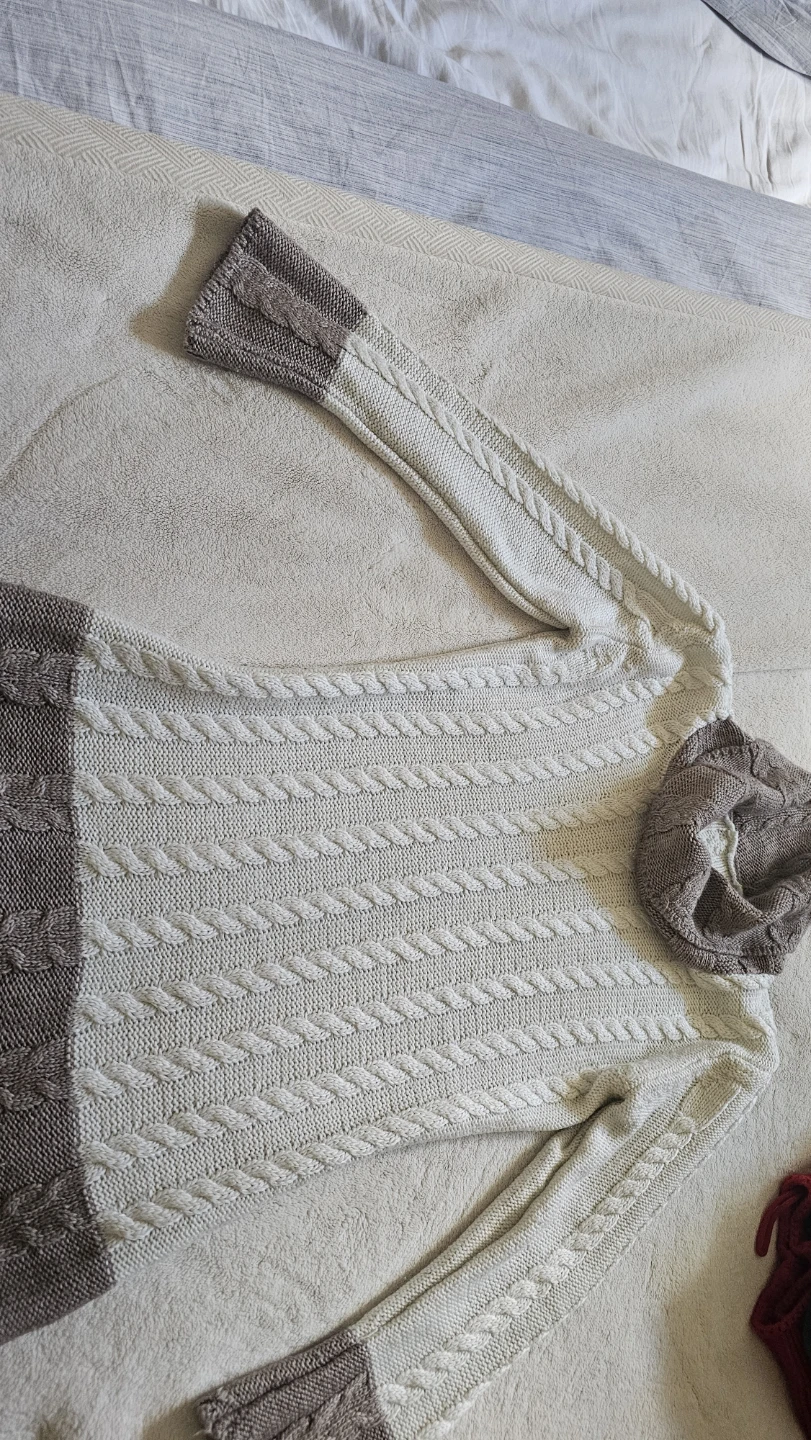 Cream and Brown Cable Knit Cowl Neck Sweater