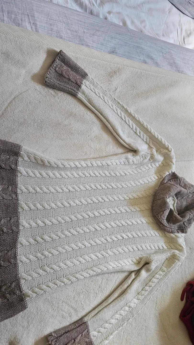 Cream and Brown Cable Knit Cowl Neck Sweater