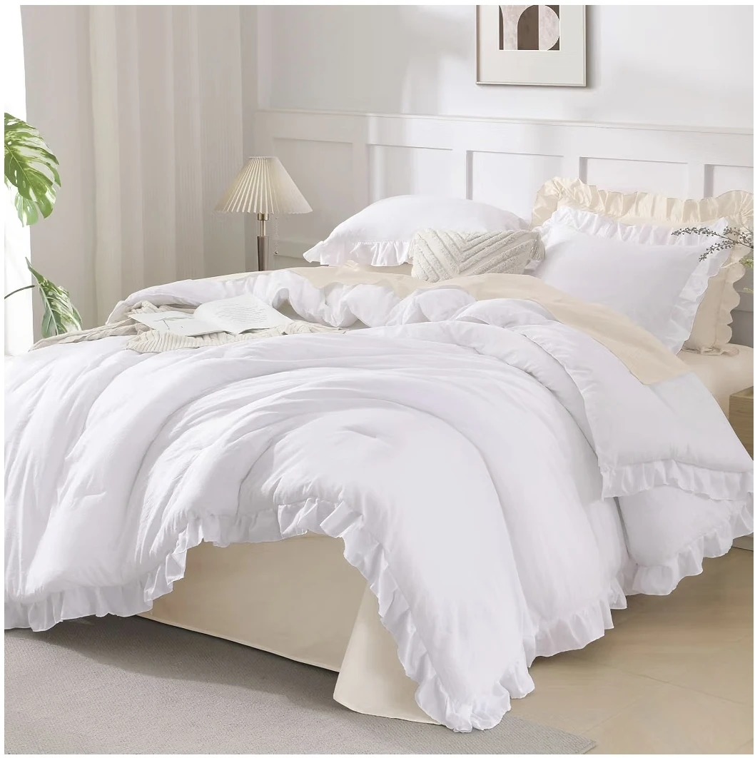 New King White Ruffled Bedding Comforter Set