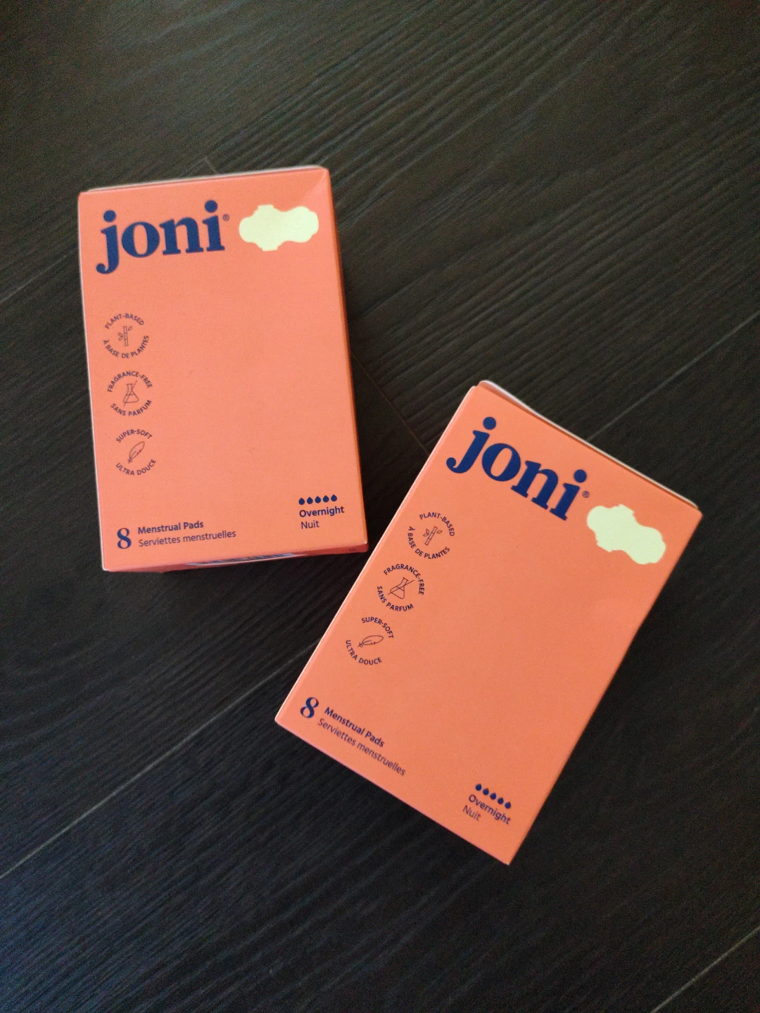 Two Joni overnight menstrual pads