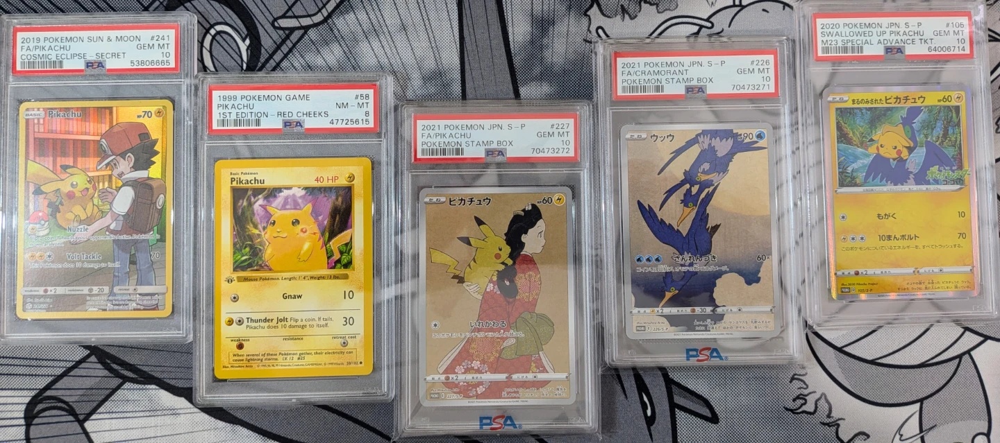 PSA 10 Pikachu 227/Cramorant 226/105/241/1st ed. red chks PSA 8