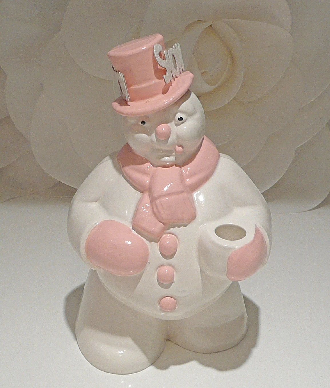 Pink and White Snowman Candle Holder