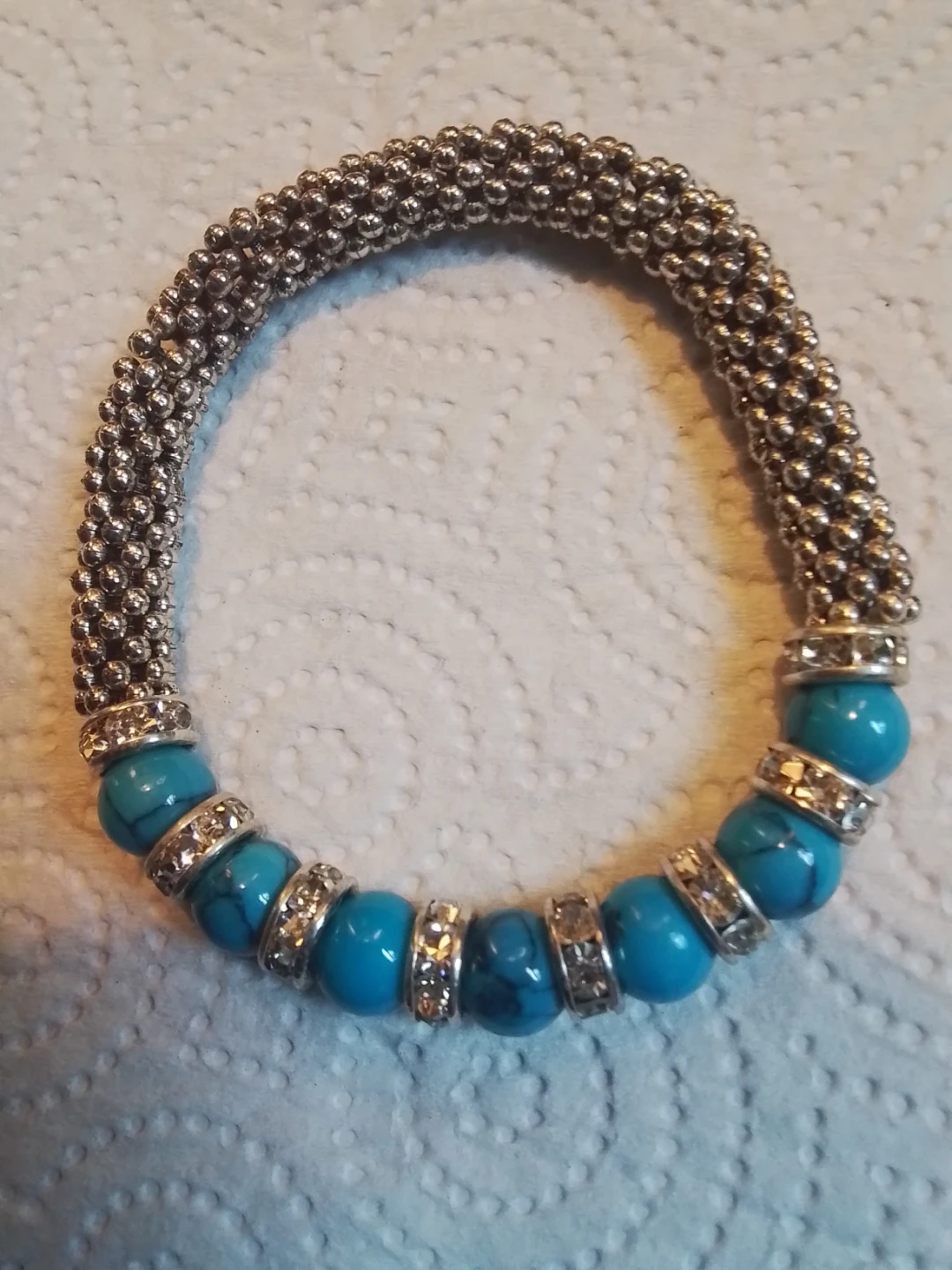 Turquoise and silver beaded stretch bracelet