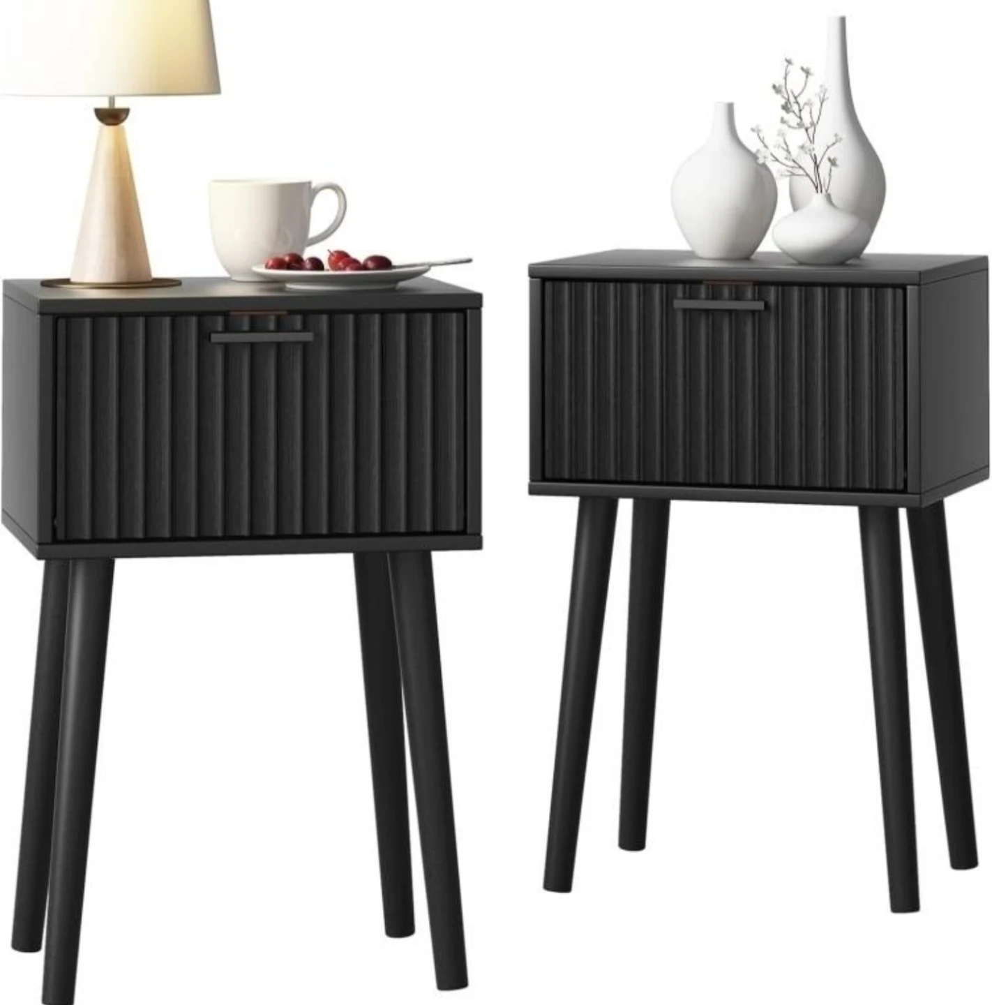 Set of Two Black Fluted Nightstands