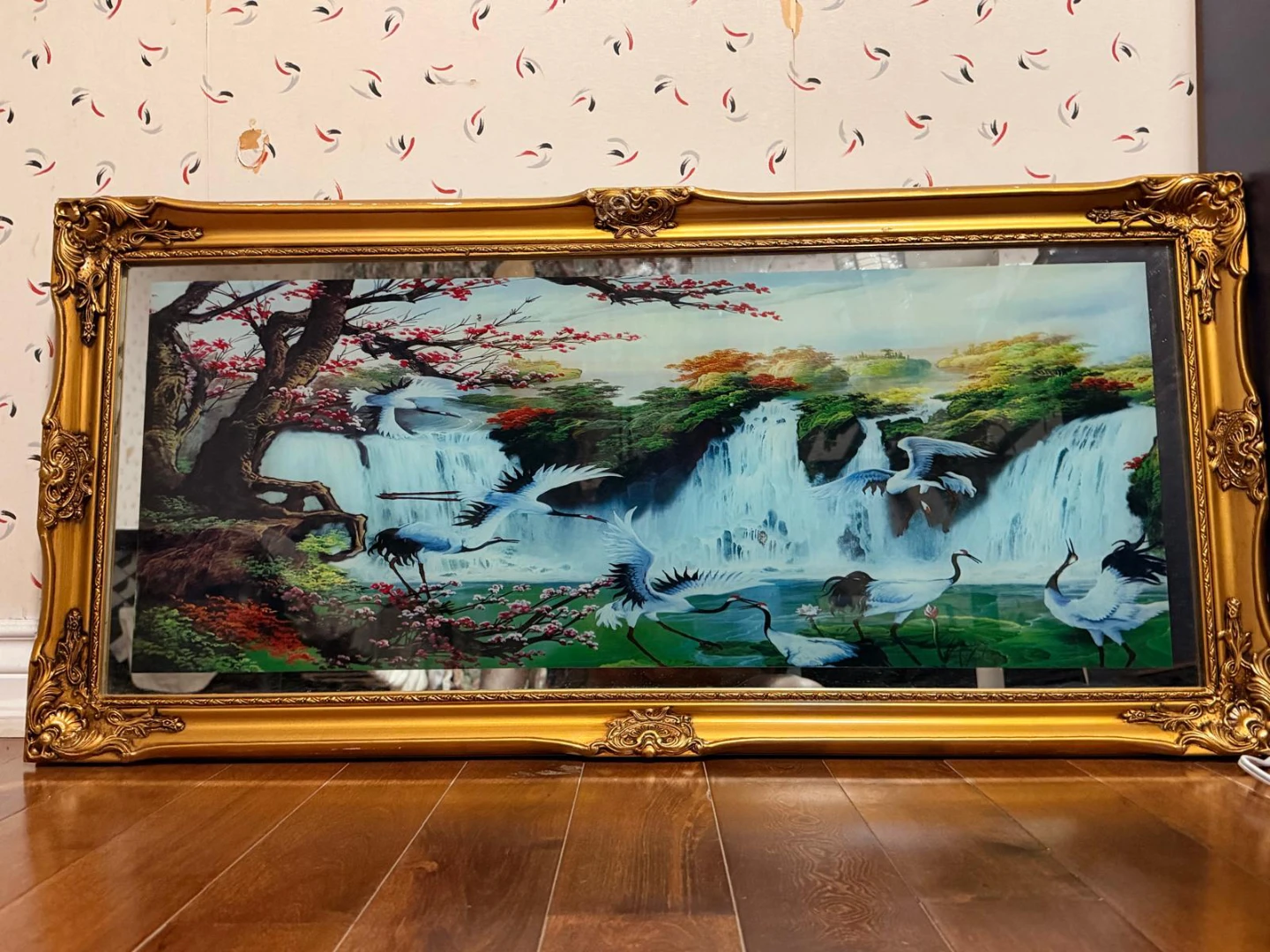 Large Gold Framed Crane and Waterfall Mirror - photo 5