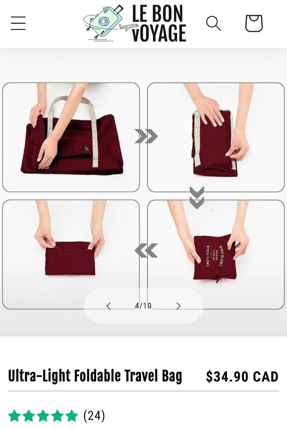 Ultra Light Foldable Travel bag. Attaches to suitcase handle