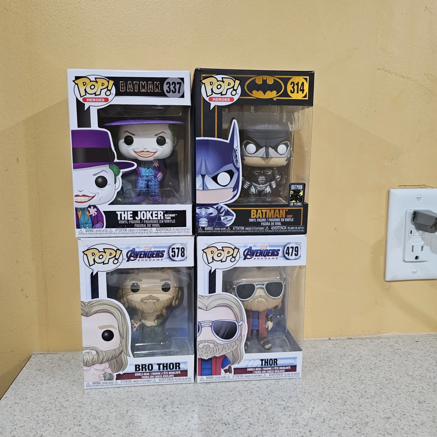Funko Pop Figures - Batman, Joker, Bro Thor, and Thor