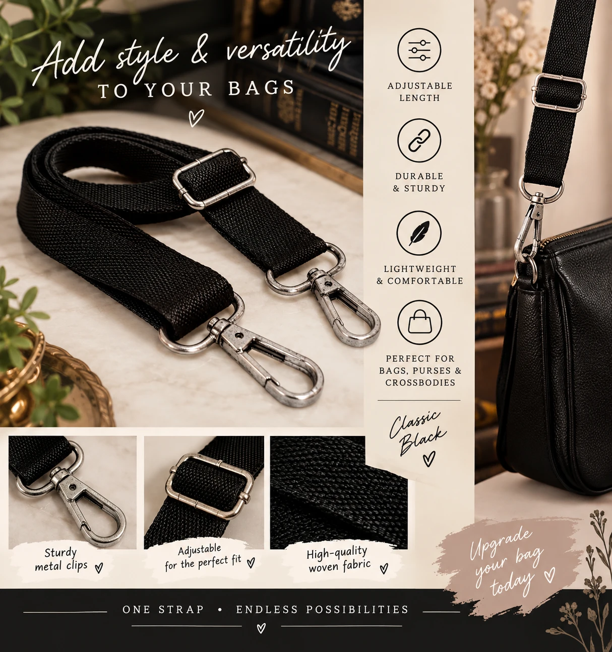👜Adjustable Black Woven Replacement Bag Strap👜
